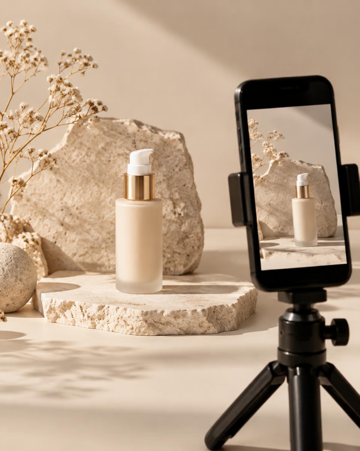 Phone on a tripod filming a skincare product