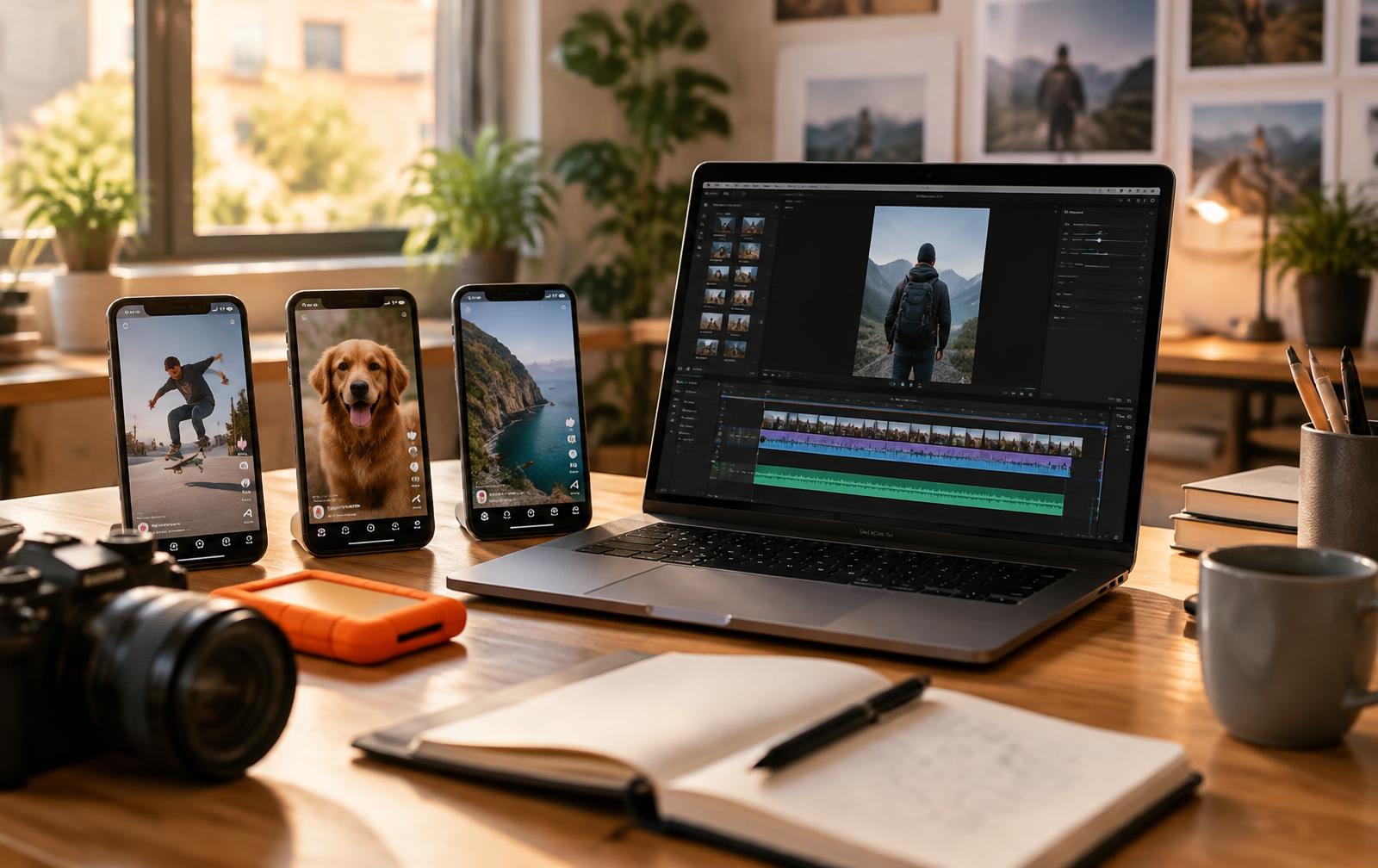 Editing desk with phones playing short-form videos