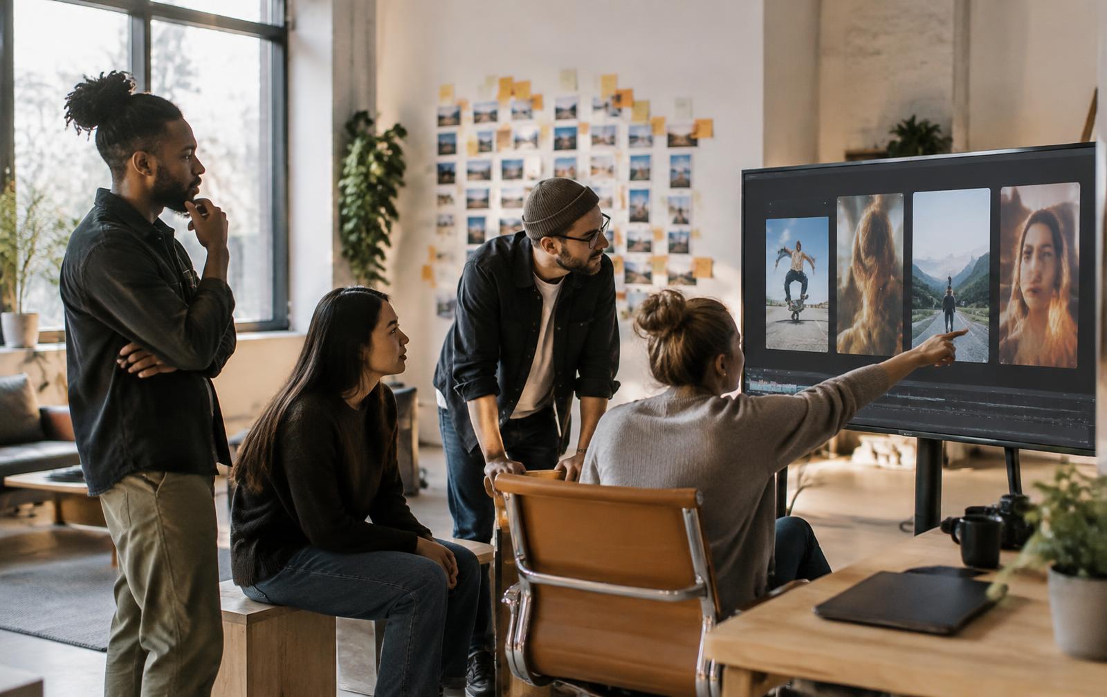 Production team reviewing a batch of short-form videos